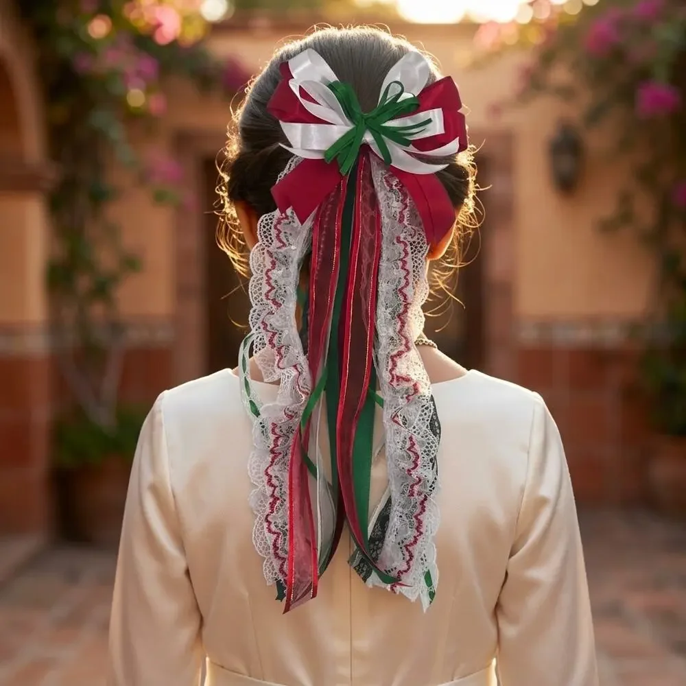 Mexican hair clip tri color lace and ribbon red green and white